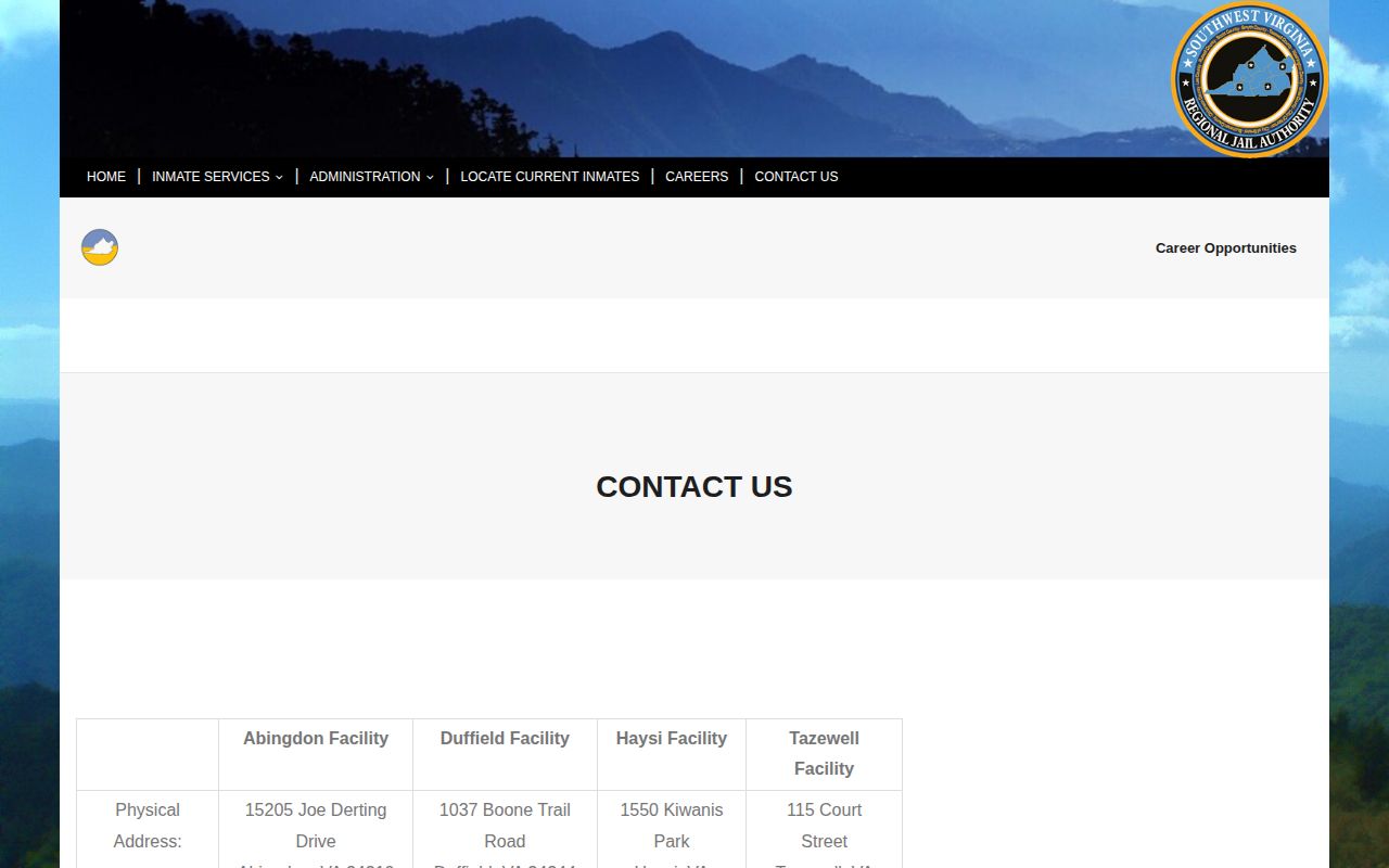 SWVRJA contact page listing the Tazewell Facility