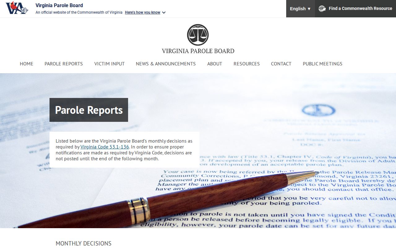 Tazewell County parole monthly decisions and post-release reports